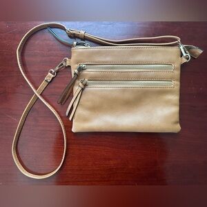 Tan Crossbody Adjustable Bag with Gold Zipper Details